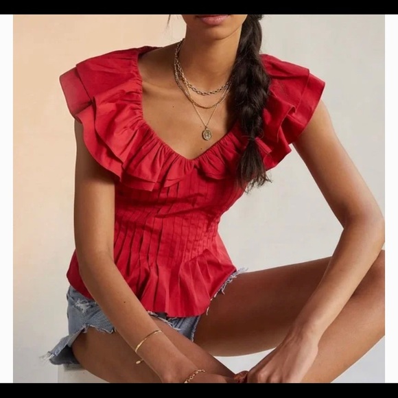 Anthropologie Tops - Anthro pintucked ruffle red blouse, Sm